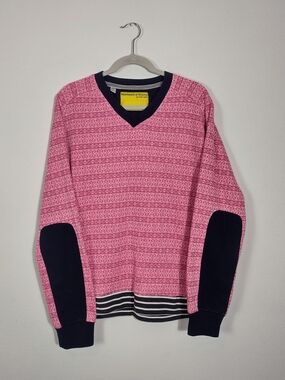 Descendant of Thieves Pink Nordic Striped Color Block Arm Patch V-Neck Sweater